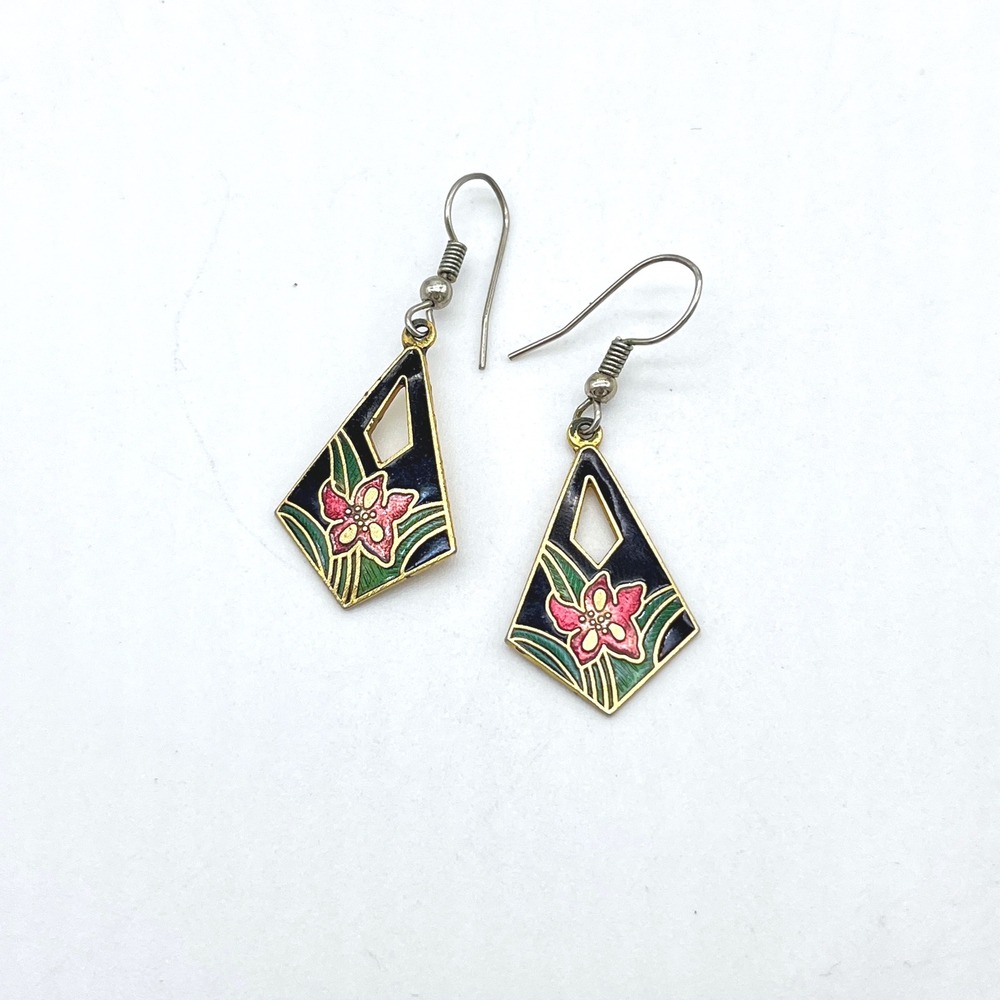 Vintage‎ Flower Cloisonne Earrings Black Gold Floral Dangle Earrings